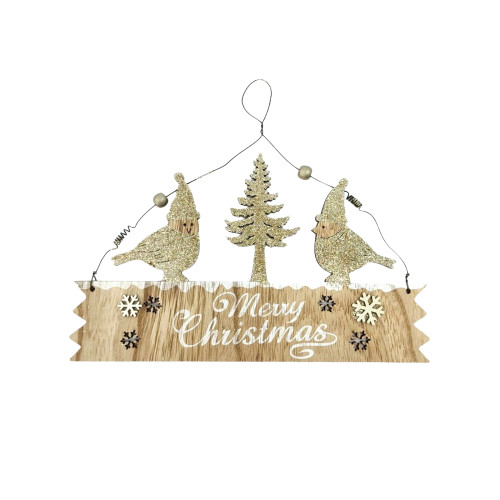 Χριστουγεννιάτικη Κρεμαστή Ταμπέλα Merry Christmas Πουλάκια Χρυσό Glitter 19x22,5x0,5cm