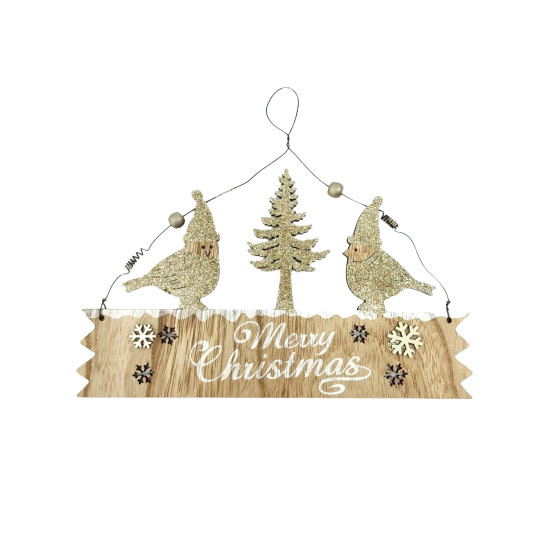 Χριστουγεννιάτικη Κρεμαστή Ταμπέλα Merry Christmas Πουλάκια Χρυσό Glitter 19x22,5x0,5cm