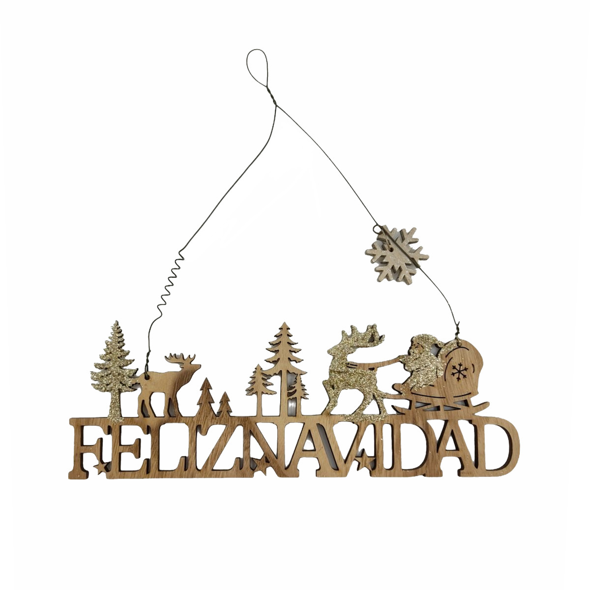 Χριστουγεννιάτικη Κρεμαστή Ταμπέλα Feliz Navidad Έλκηθρο Χρυσό Glitter 11x10,5x1cm