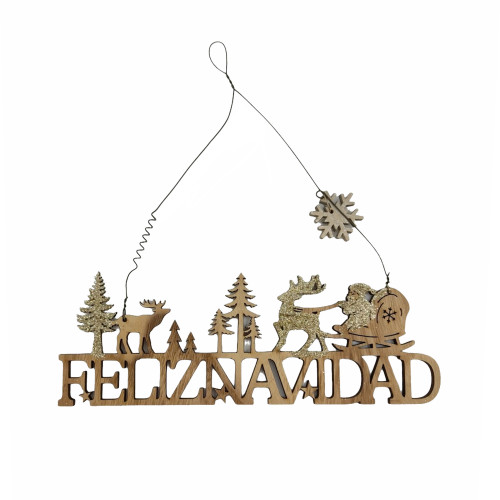 Χριστουγεννιάτικη Κρεμαστή Ταμπέλα Feliz Navidad Έλκηθρο Χρυσό Glitter 11x10,5x1cm