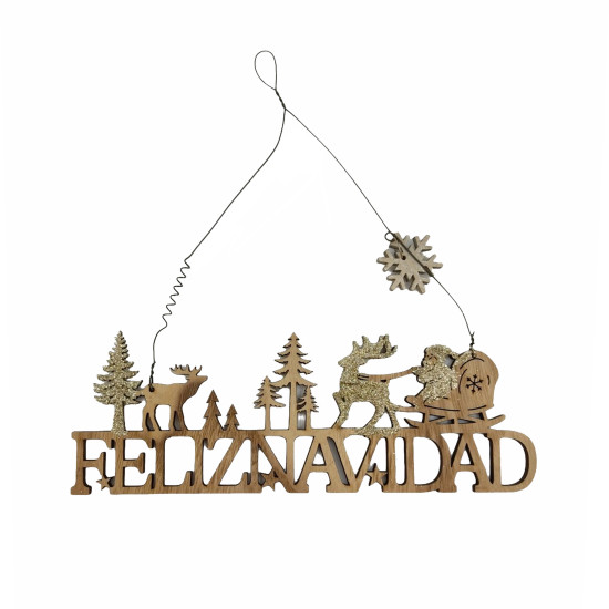 Χριστουγεννιάτικη Κρεμαστή Ταμπέλα Feliz Navidad Έλκηθρο Χρυσό Glitter 11x10,5x1cm