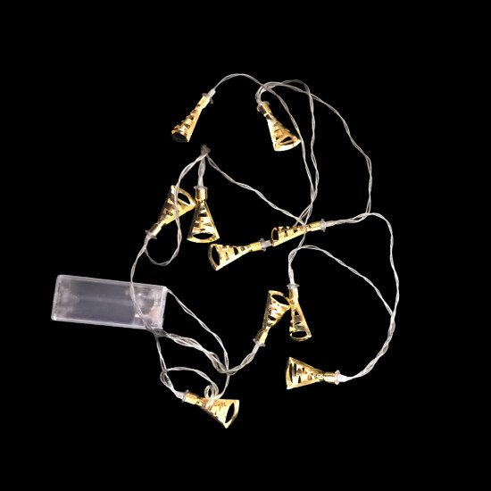 10 Διακοσμητικά Λαμπάκια Led Μπαταρίας Χρυσές Καμπάνες Λευκό Θερμό 2m