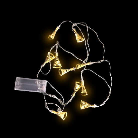 10 Διακοσμητικά Λαμπάκια Led Μπαταρίας Χρυσές Καμπάνες Λευκό Θερμό 2m