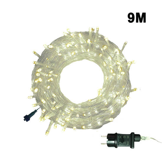 100 Λαμπάκια Led Σταθερά Λευκό Θερμό Επεκτεινόμενα, Με Μετασχηματιστή 9m Διάφανο Καλώδιο