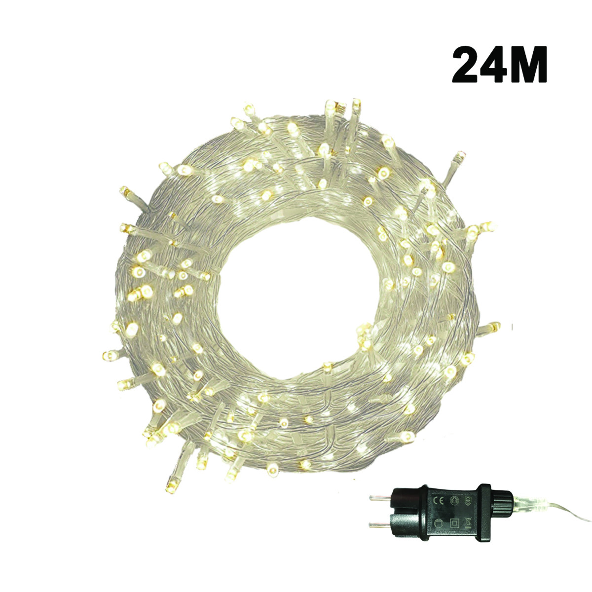 300 Λαμπάκια LED Σταθερά, Επεκτεινόμενα, Με Διάφανο Καλώδιο 24m -  Λευκό Θερμό