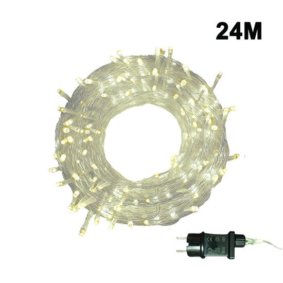300 Λαμπάκια LED Σταθερά, Επεκτεινόμενα, Με Διάφανο Καλώδιο 24m -  Λευκό Θερμό