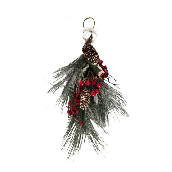 Χριστουγεννιάτικο Διακοσμητικό Κλαδί Κρεμαστό Berries Κουκουνάρια Χιονισμένο 45cm