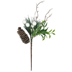 Χριστουγεννιάτικο Διακοσμητικό Κλαδί Λευκοί Καρποί Κουκουνάρι 27cm