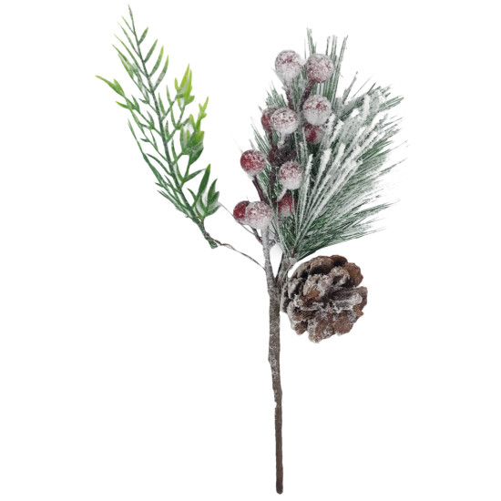 Χριστουγεννιάτικο Διακοσμητικό Κλαδί Ελάτου Berries Κουκουνάρια Χιονισμένο 30cm