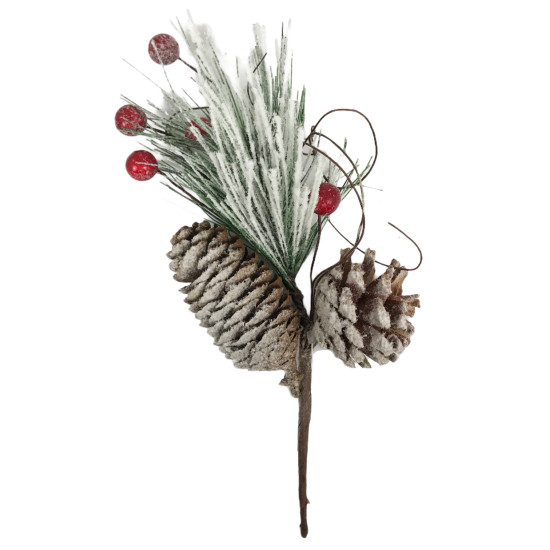 Χριστουγεννιάτικο Διακοσμητικό Κλαδί Ελάτου Berries Κουκουνάρι Χιονισμένο 23cm