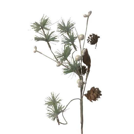 Χριστουγεννιάτικο Διακοσμητικό Κλαδί Πράσινο Glitter Κουκουνάρια Λευκοί Καρποί 30cm