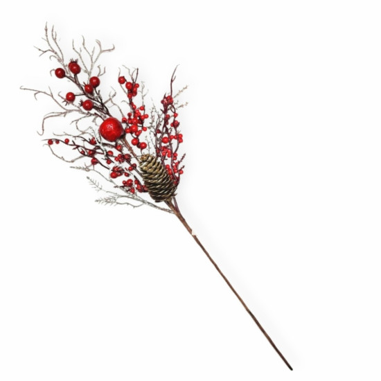 Χριστουγεννιάτικο Διακοσμητικό Κλαδί Κόκκινοι Καρποί Κουκουνάρι Χιονισμένο 60cm