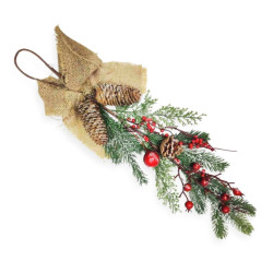 ΧΡΣ Διακοσμητικό Κλαδί Κρεμαστό Πράσινο Berries Κουκουνάρια Κορδέλα Τσόχινη 62cm