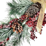 ΧΡΣ Διακοσμητικό Κλαδί Πράσινο Κρεμαστό Berries Μικρά Κουκουνάρια Κορδέλα Τσόχινη 66cm