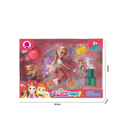 Κούκλα Μανεκέν 15cm Με Ποδήλατο, 2 Γατάκια, Κράνος & Αξεσουάρ