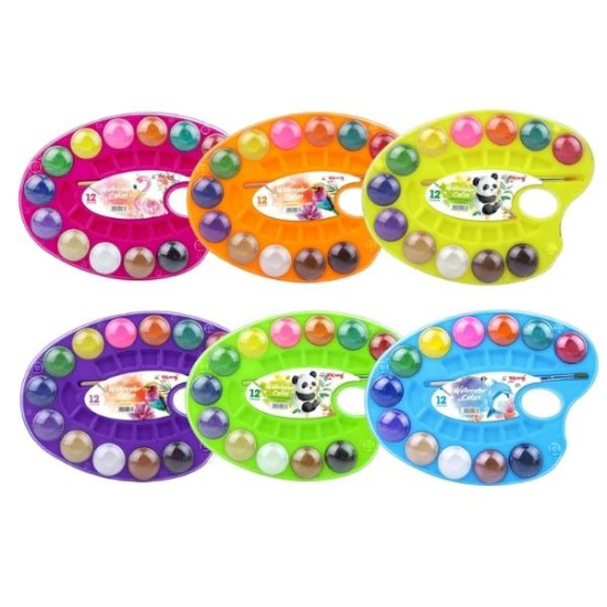 Νερομπογιές Ξηρές Πλενόμενες Σε Παλέτα Με Πινέλο 12 Χρώματα Διάφορα Σχέδια Σ12