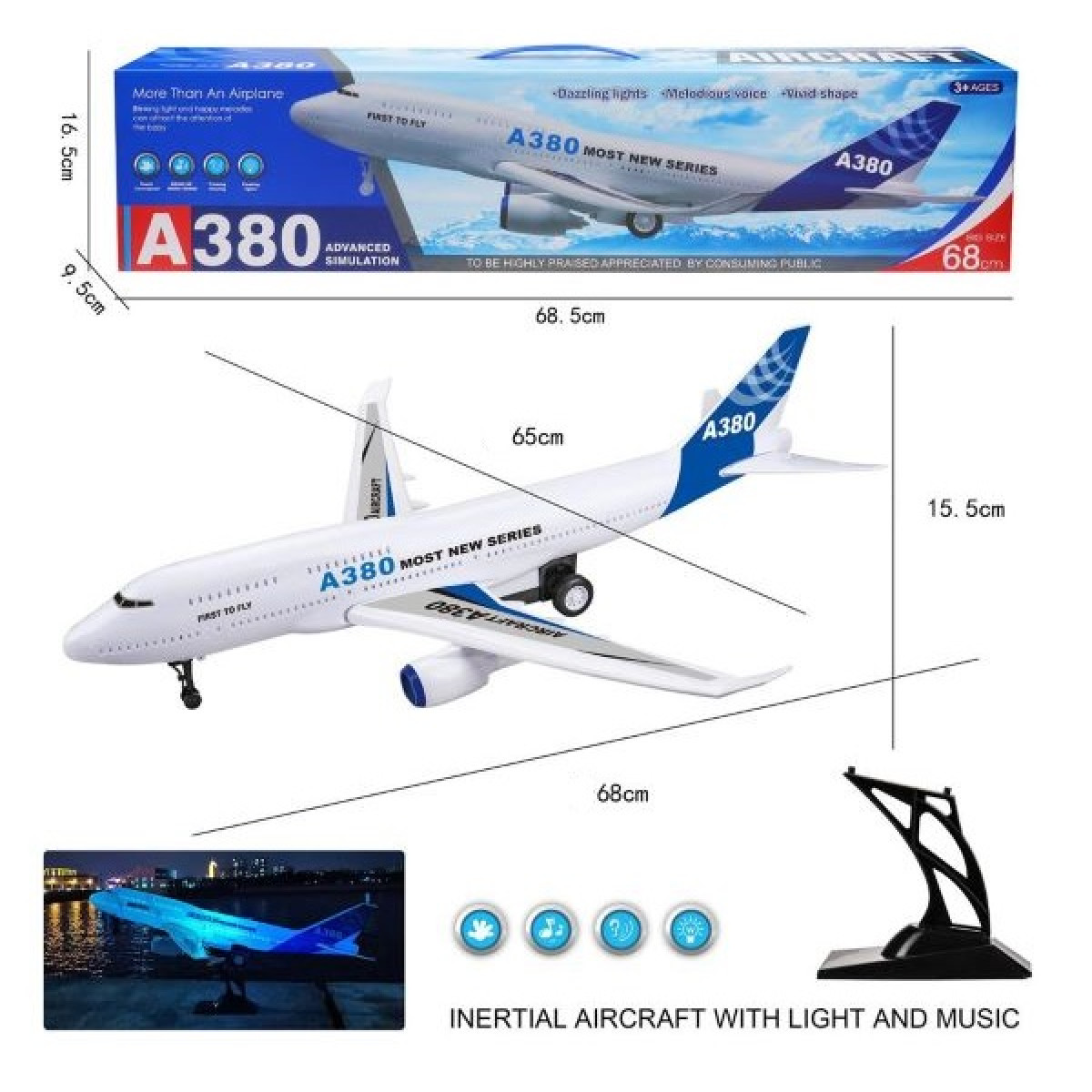 Αεροπλάνο Α380, Με Βάση Στήριξης, Μουσική Και Φως 68cm