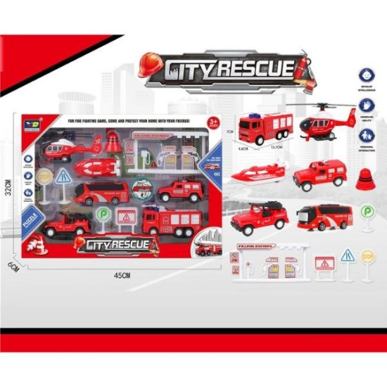 Σετ Οχημάτων Διάσωσης PullBack Με Οδοσήμανση, Αντλίες & Αξεσουάρ 6τμχ