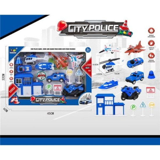 Σετ Αστυνομικών Οχημάτων PullBack Με Οδοσήμανση, Αντλίες & Αξεσουάρ 7τμχ