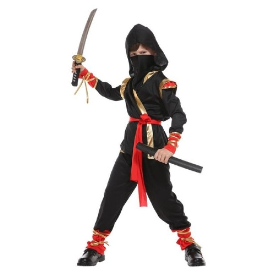 Αποκριάτικη Στολή Παιδική Ninja Μαύρη Με Κόκκινο-Χρυσό L (7-9)