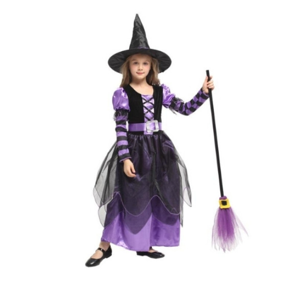 Αποκριάτικη Στολή Παιδική Μαγισσούλα Μωβ Μακρύ Φόρεμα Μαύρο Τούλι M (4-6)