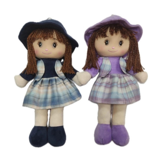 Κούκλα Πάνινη Με Καπέλο Και Καρό Φόρεμα 46cm 2 Χρώματα