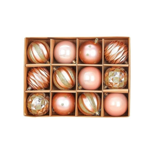Χριστουγεννιάτικες Μπάλες Σετ Rose Gold Γυαλιστερές Glitter Σχέδια 8cm 12τμχ
