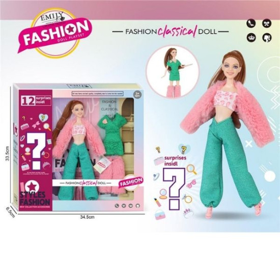 Κούκλα Μανεκέν 29cm Με Ροζ Παλτό & Αξεσουάρ-Έκπληξη