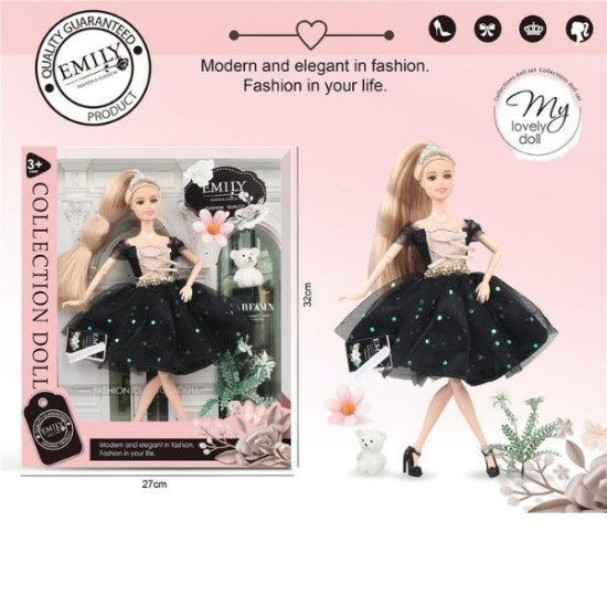 Κούκλα Μανεκέν 29cm Με Μαύρο Φόρεμα & Αρκουδάκι