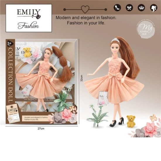 Κούκλα Μανεκέν 29cm Με Ροζ-Nude Φόρεμα & Αρκουδάκι