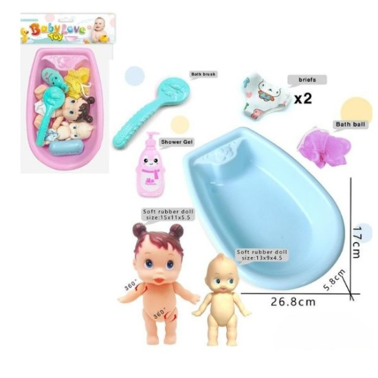 Κούκλες Μωρά  15cm & 13cm Με Μπανιέρα & Αξεσουάρ 9τμχ 2 Χρώματα