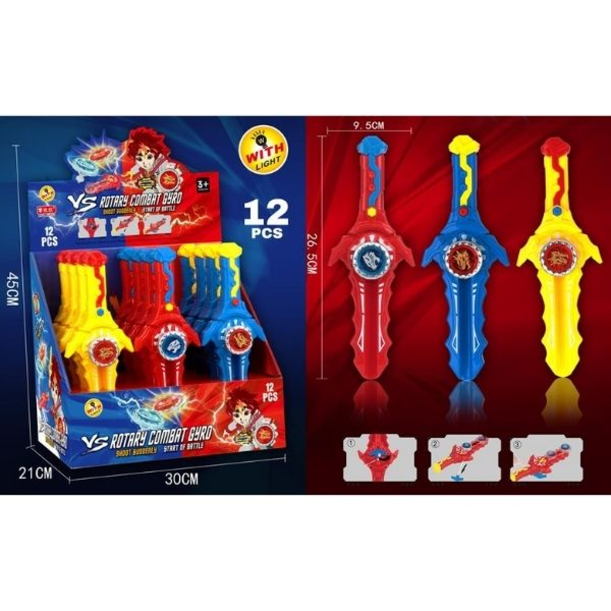 Σπαθί-Εκτοξευτής 26cm & Σβούρα Μάχης Με Φως 3 Χρώματα Display 12