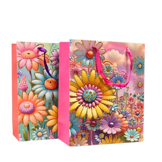 Τσάντα Δώρου Χάρτινη Πολύχρωμα Λουλούδια 4 Σχέδια 26x12x32cm Σ12