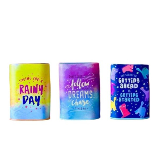 Κουμπαράς Μεταλλικός Τετράγωνος Πολύχρωμος Με Μηνύματα 8x8x11cm 4 Σχέδια