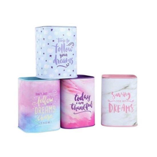 Κουμπαράς Μεταλλικός Τετράγωνος Παστέλ Με Μηνύματα 8x8x11cm 4 Σχέδια