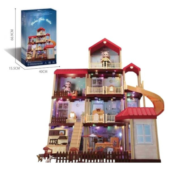 Κουκλόσπιτο 4όροφο Με 2 Φιγούρες, Αξεσουάρ & Φως 321τμχ Σ4