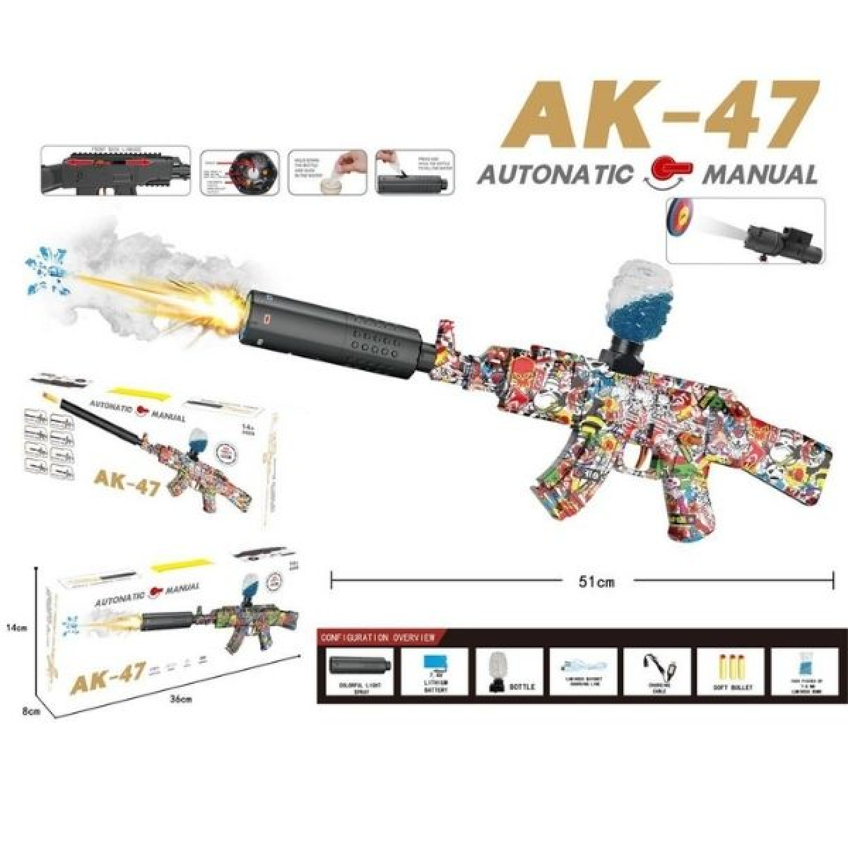 Όπλο Με Σφαίρες Νερού AK-47 51cm & 3 Αφρώδεις Σφαίρες 2 Χρώματα